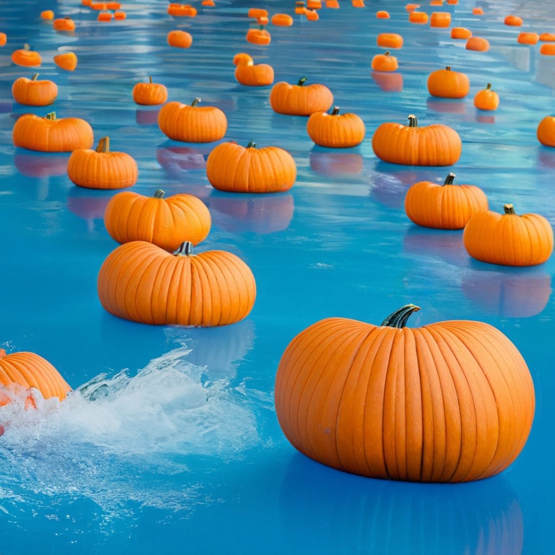 Pumpkins floating in a pool