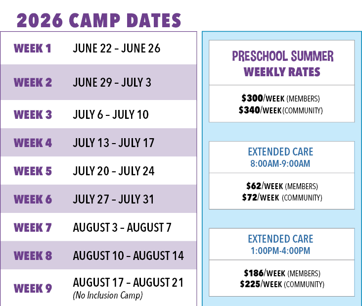 Preschool Summer 2026 Camp Dates and Rates