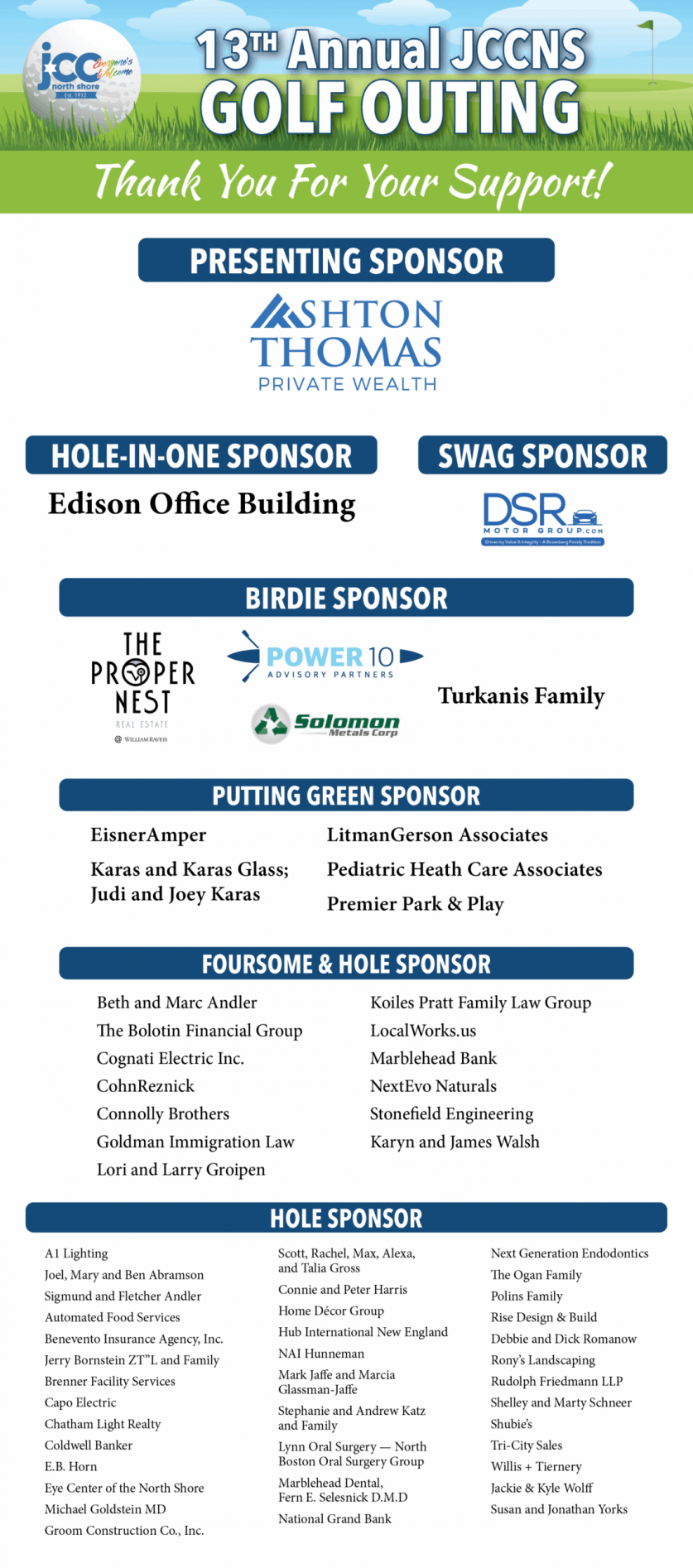 JCCNS Golf Outing 2025 - Thank you to our generous sponsors